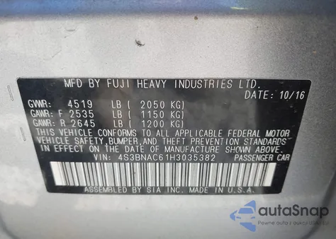 2017 Subaru Legacy 2.5I Premium from USA, damaged, VIN 4S3BNAC61H3035382